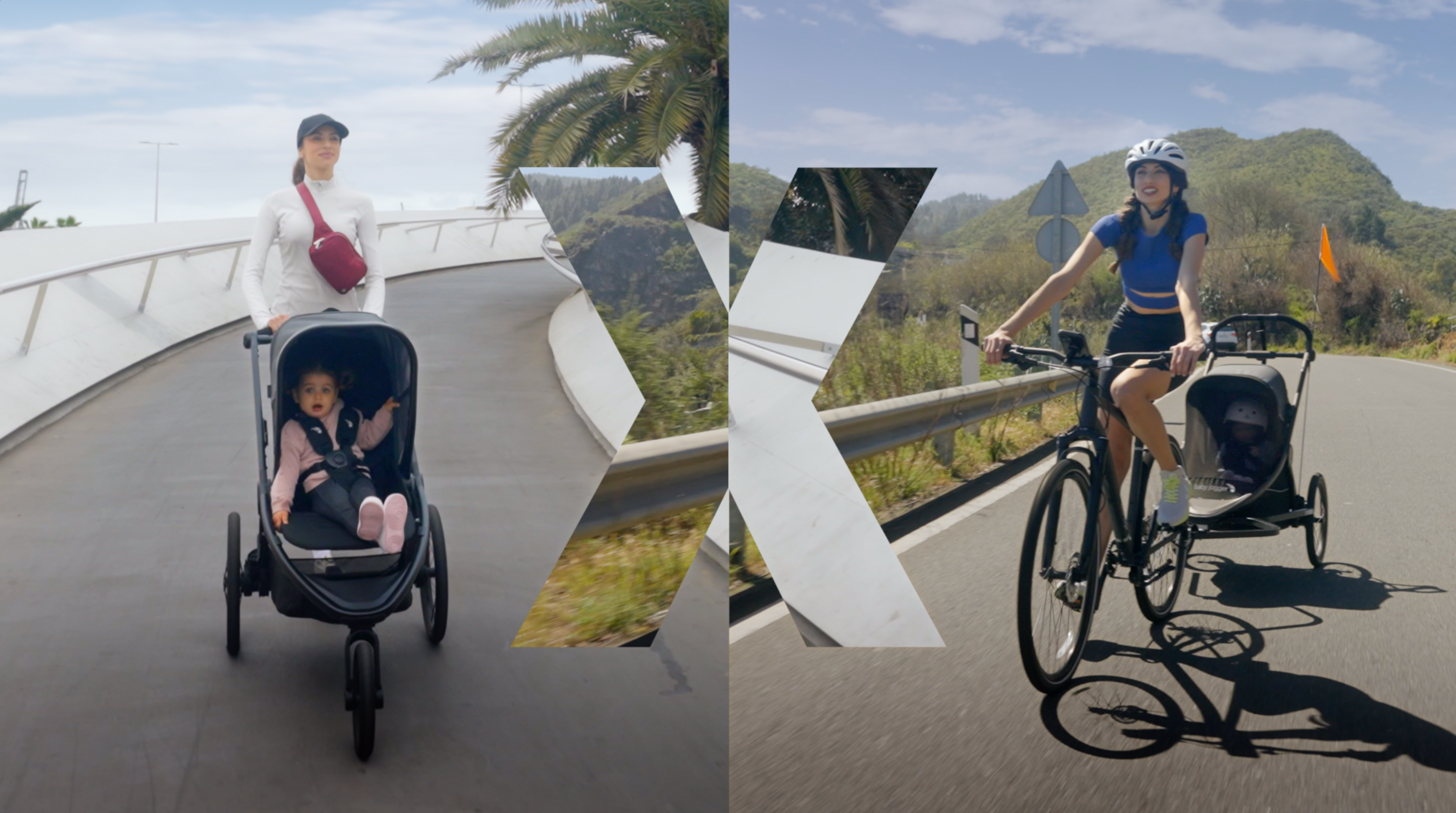 Woman pushing stroller on a path; woman biking with child trailer on road. outdoor activity with children.